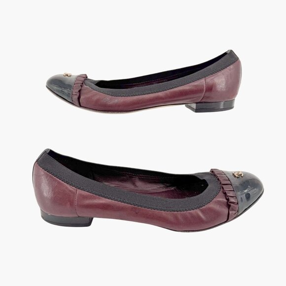 Chanel CC Ruffle Cap Toe Ballet Flats EU 37 US 6-6.5 Brown Burgundy Leather - Picture 8 of 15